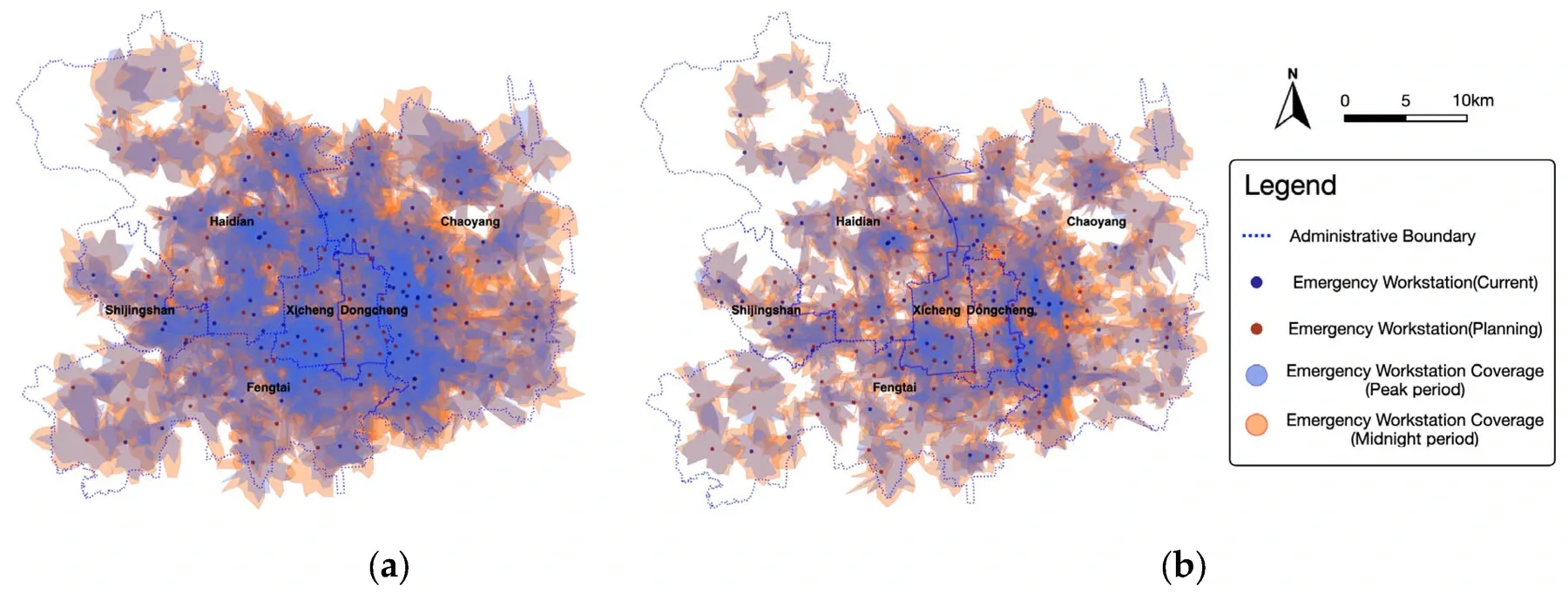 Published maps comparing 10-minute and 8-minute emergency workstation isochrones in central Beijing during peak and midnight periods