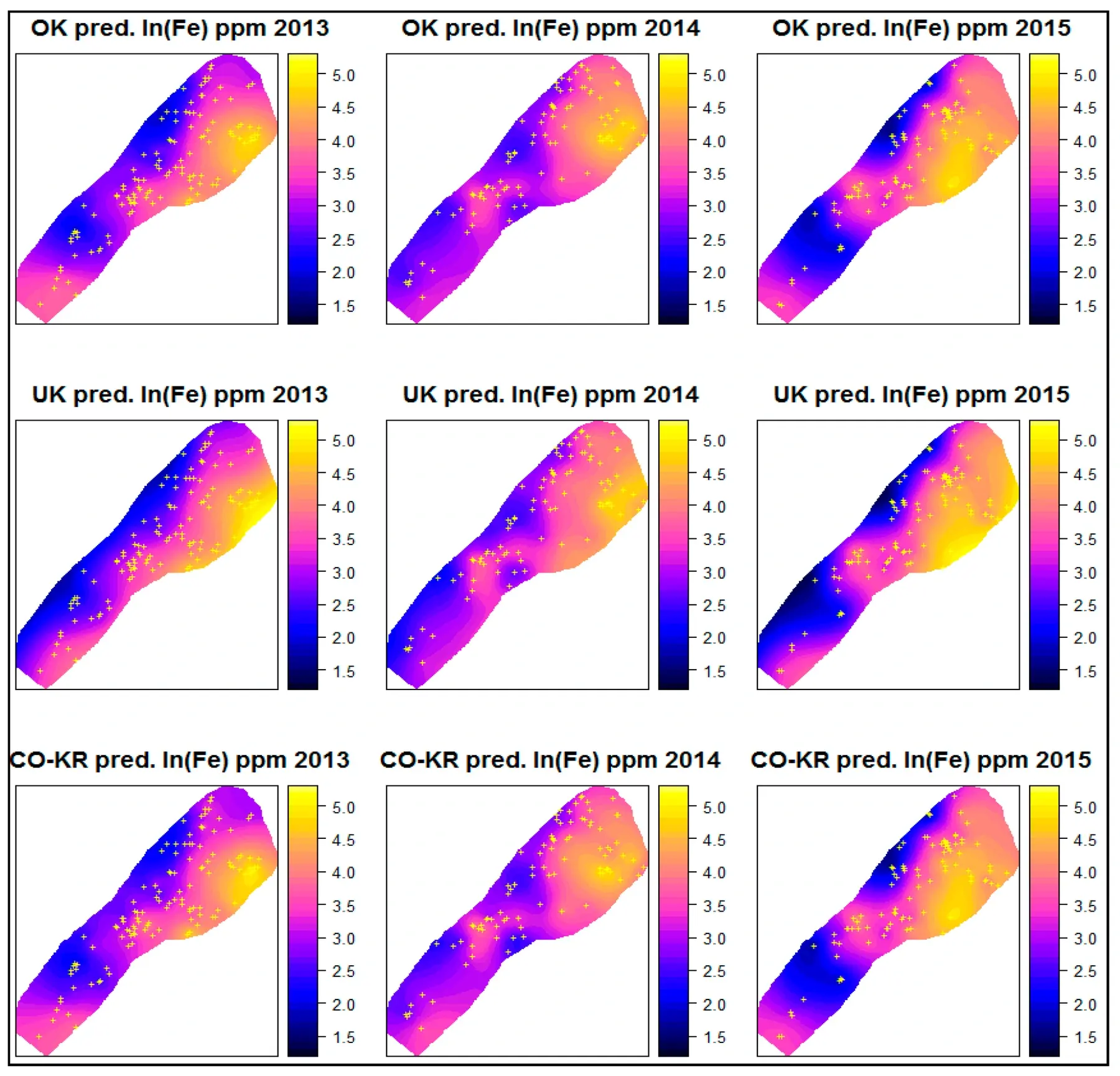 Published comparison of ordinary, universal and co-kriging prediction maps for soil iron across three years