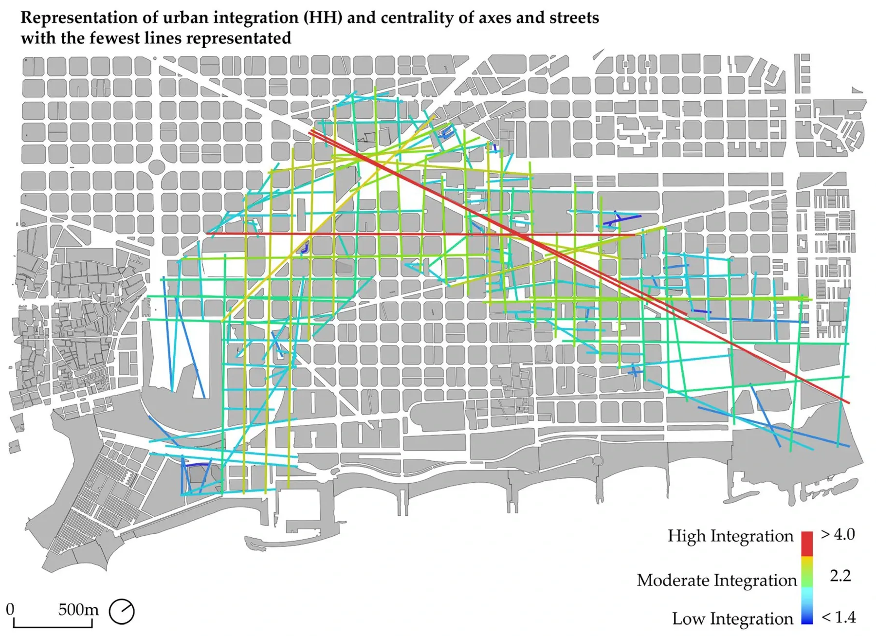 Published space-syntax integration map of Barcelona streets, coloured from low to high network centrality