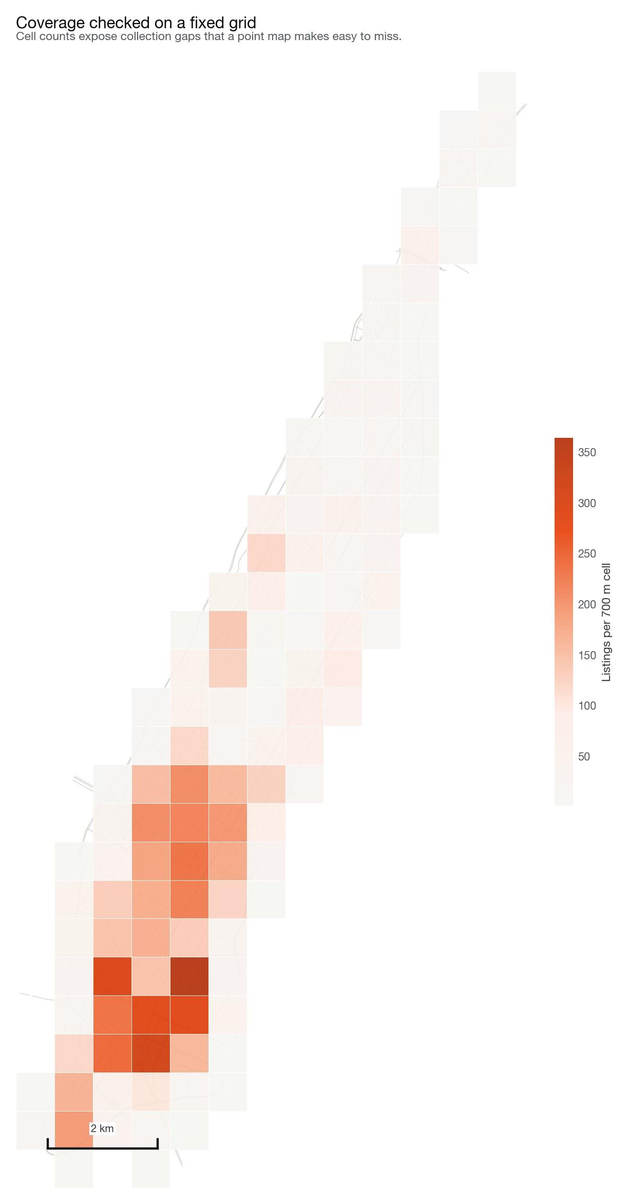 Grid map of Manhattan with 700 metre cells shaded by the number of business listings collected in each cell
