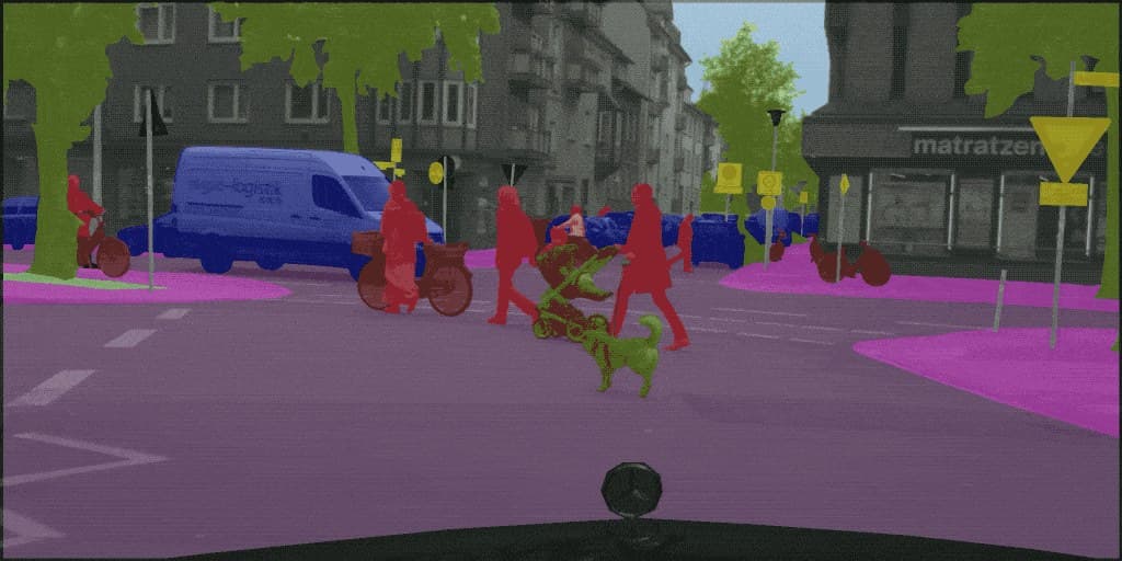 Street scene 2 with semantic segmentation overlaid, each region coloured by its class