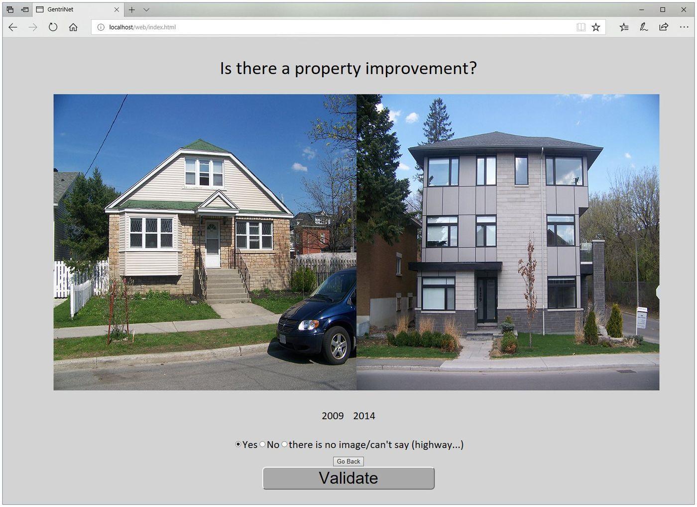 A validation interface showing the same address in Google Street View in 2009 and 2014, a bungalow replaced by a three-storey infill building, with the question is there a property improvement