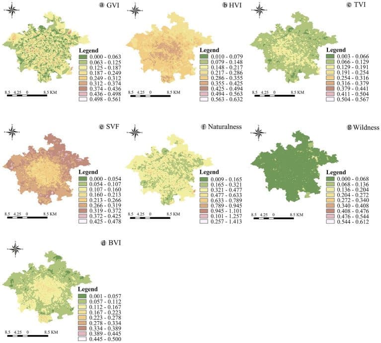 Seven city-scale choropleth maps of street-view landscape indicators including green view index, sky view factor and building view index